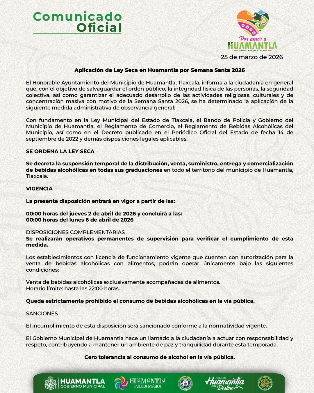 Aplicación de Ley Seca en Huamantla por Semana Santa 2026
